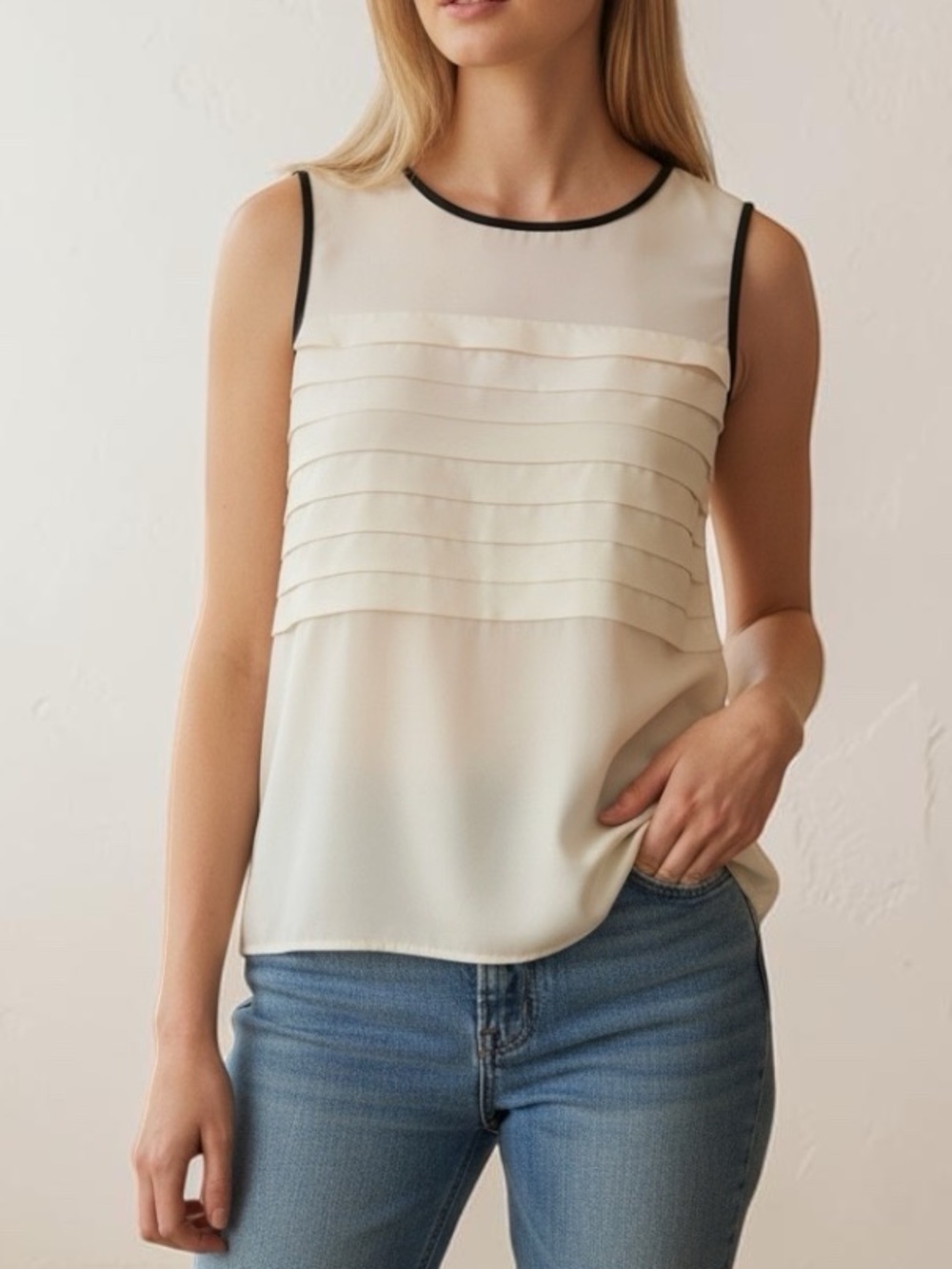 Sleeveless Cream Pintuck Front Top with Black Trim